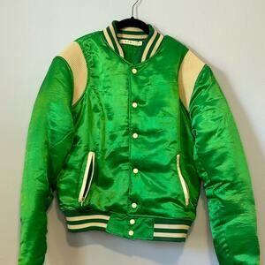 Emerald Green Satin MNML Varsity Bomber Jacket: Streetwear | Retro (Size M)